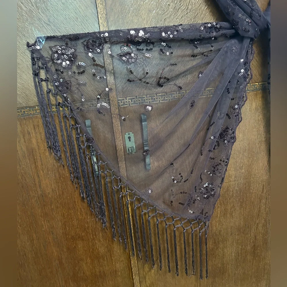 Sheer sequin embellished evening shawl or wrap with fringe tassels. Wine color